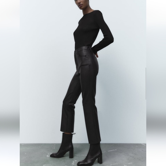ZARA FLARED FAUX LEATHER  Pants BLACK Size 2 - Picture 5 of 11